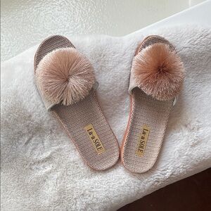 Women's Beige Slippers with Pom Pom